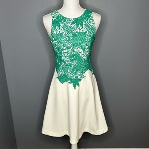 Moulinette Souers cream fit and flare dress with green embroider top size 2